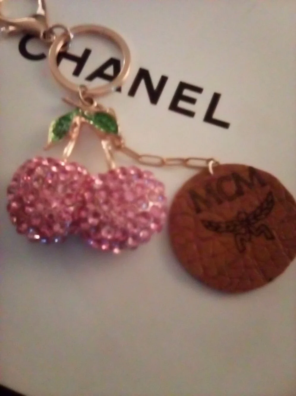MCM Brown Leather Logo Disk With Pink Crystal Cherry Keychain Designer Bag Charm - Picture 3 of 11